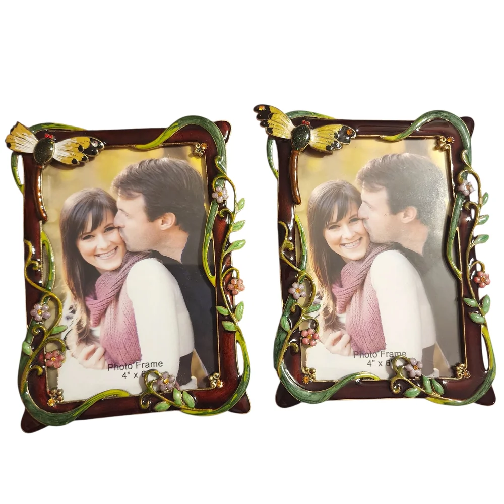 (2) Decorative Dragonfly Enamel Picture Frames | Handpainted | Pair of Two